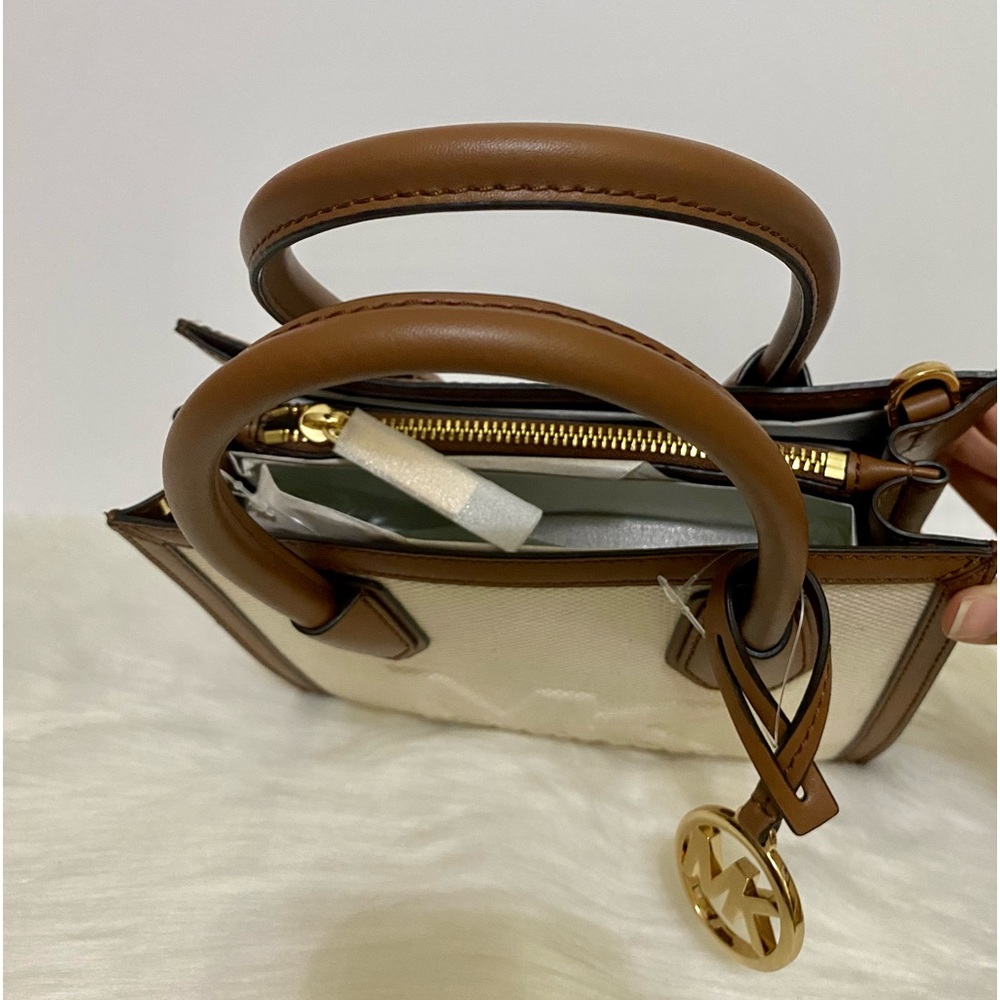 Michael Kors Small Satchel Handbag Brown and Linen Cream NWT - Picture 9 of 10